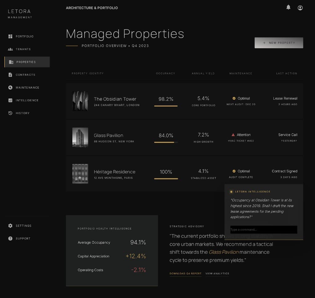 Letora managed properties table with occupancy and maintenance indicators